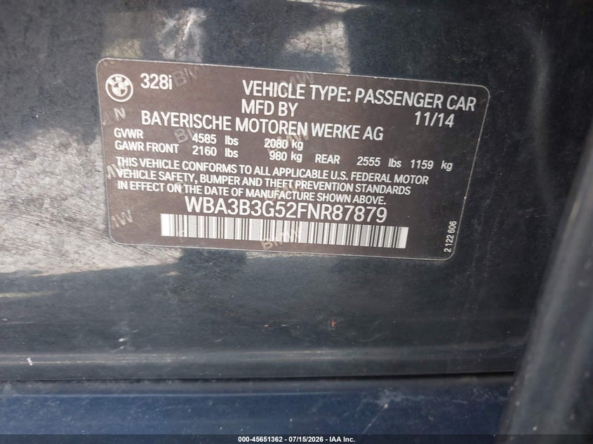 2015 BMW 3er VIN WBA3B3G52FNR87879 IAAI salvage auction — NORMAL WEAR, Clear (Michigan), sold $1,350 on 2026-07-27 (photo 9)