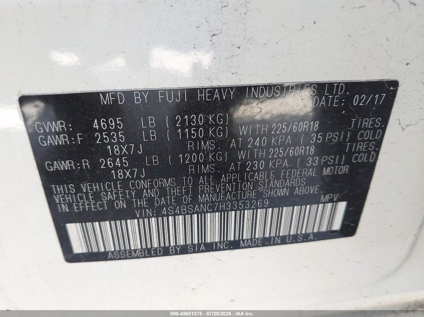 2017 Subaru Outback VIN 4S4BSANC7H3353269 IAAI salvage auction — FRONT END, Salvage (Texas), sold $4,150 on 2026-07-26 (photo 9)
