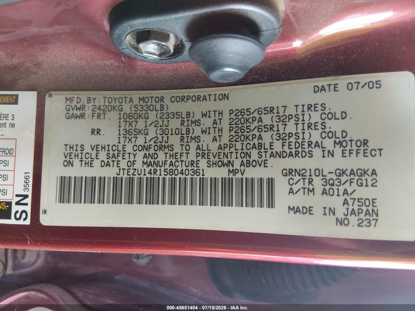 2005 Toyota 4runner VIN JTEZU14R158040361 IAAI salvage auction — NORMAL WEAR, Clear-Dealer Only (Arizona), sold $1,850 on 2026-07-28 (photo 9)