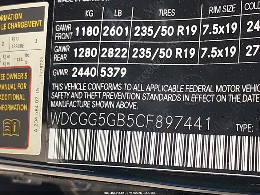 2012 Mercedes-benz Glk-klasse VIN WDCGG5GB5CF897441 IAAI salvage auction — FRONT END, Salvage Title, sold $2,550 on 2026-08-07 (photo 9)