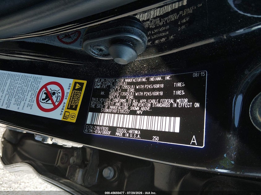 2015 Toyota Highlander VIN 5TDBKRFHXFS195227 IAAI salvage auction — RIGHT FRONT, Salvage Title, sold $4,100 on 2026-08-01 (photo 9)