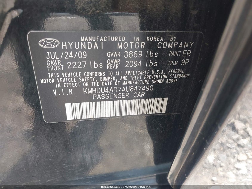 2010 Hyundai Elantra VIN KMHDU4AD7AU847490 IAAI salvage auction — REAR END, Salvage (Pennsylvania), sold $375 on 2026-07-26 (photo 9)