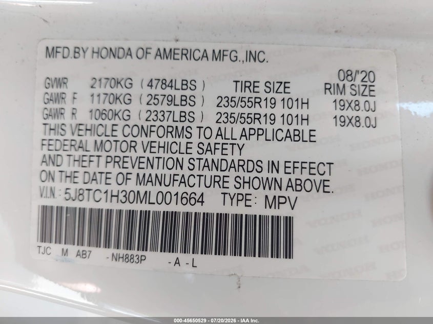 2021 Acura Rdx VIN 5J8TC1H30ML001664 IAAI salvage auction — FRONT END, Salvage (Arizona), sold $3,000 on 2026-07-29 (photo 9)