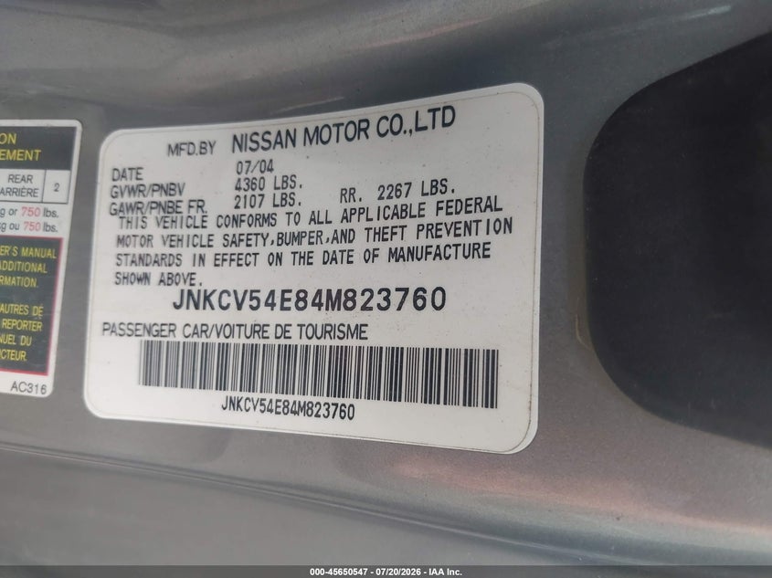 2004 Infiniti G35 VIN JNKCV54E84M823760 IAAI salvage auction — FRONT END, Clear (Virginia), sold $525 on 2026-07-28 (photo 9)