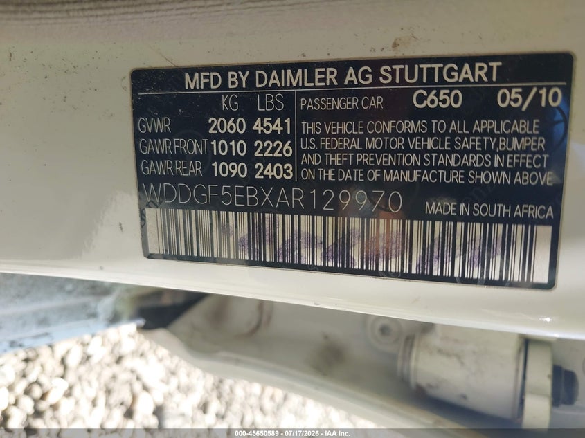 2010 Mercedes-benz C class VIN WDDGF5EBXAR129970 IAAI salvage auction — REAR END, Bill Of Sale (New York), sold $25 on 2026-08-18 (photo 9)