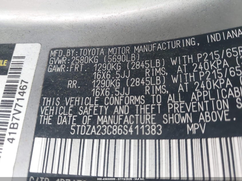 2006 Toyota Sienna VIN 5TDZA23C86S411383 IAAI salvage auction — NORMAL WEAR, Salvage Title - Dealer (California), sold $225 on 2026-07-29 (photo 9)