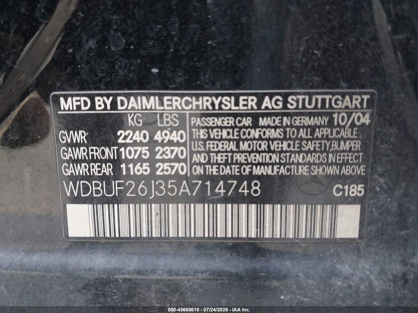 2005 Mercedes-benz E-class VIN WDBUF26J35A714748 IAAI salvage auction — REAR END, Rebuildable (Florida), sold $400 on 2026-08-10 (photo 9)