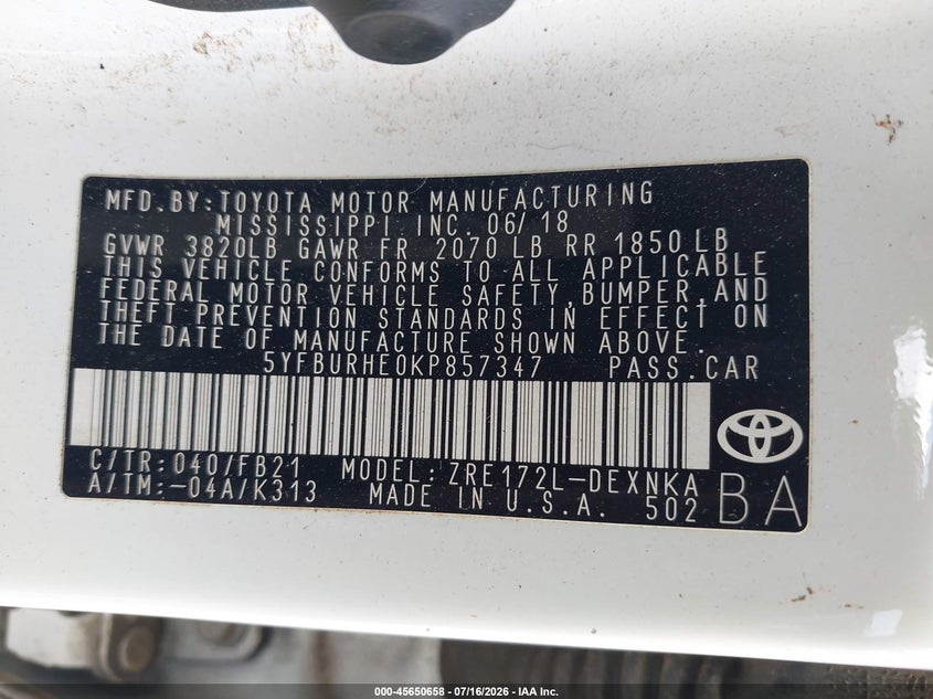 2019 Toyota Corolla VIN 5YFBURHE0KP857347 IAAI salvage auction — NORMAL WEAR, Clear (Georgia), sold $2,400 on 2026-07-30 (photo 9)