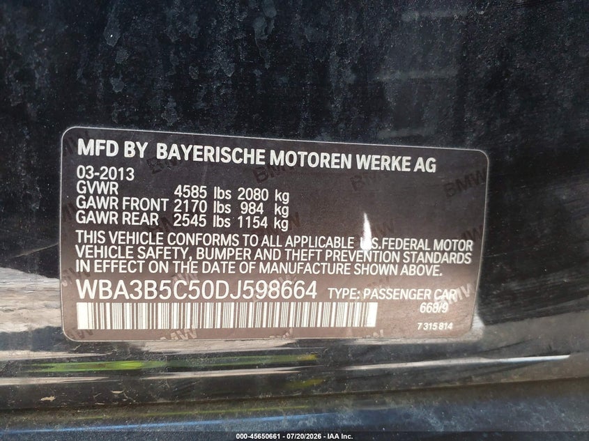 2013 BMW 3er VIN WBA3B5C50DJ598664 IAAI salvage auction — NORMAL WEAR, Clear (New Jersey), sold $400 on 2026-07-30 (photo 9)