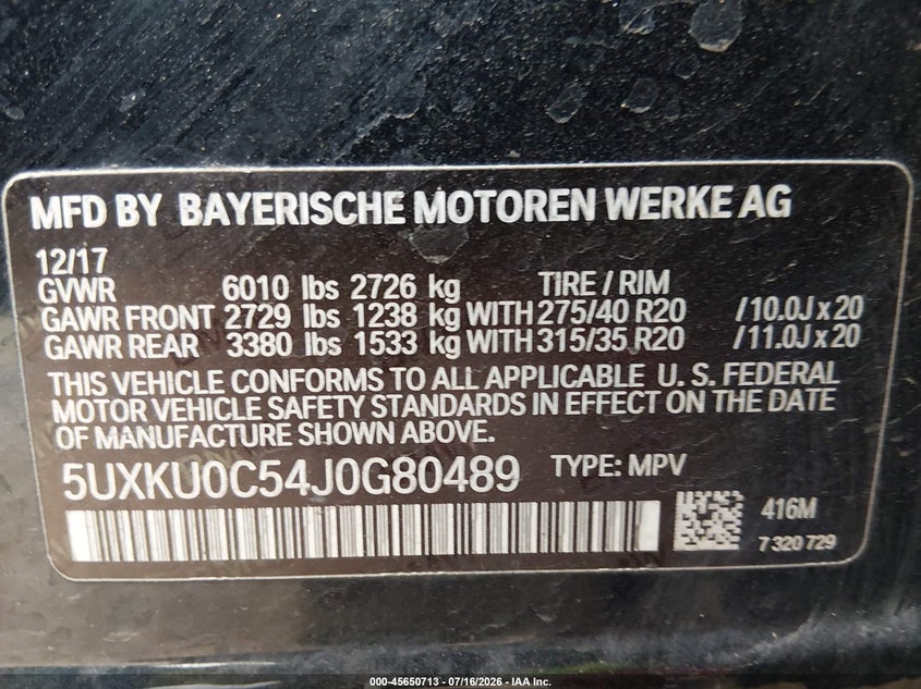 2018 BMW X6 VIN 5UXKU0C54J0G80489 IAAI salvage auction — NORMAL WEAR, Clear (Tennessee), sold $3,550 on 2026-07-28 (photo 9)