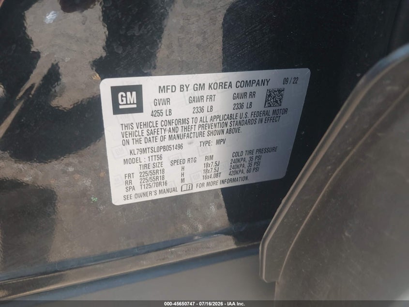 2023 Chevrolet Trailblazer VIN KL79MTSL0PB051496 IAAI salvage auction — LEFT FRONT, Bill Of Sale (Washington), sold $1,150 on 2026-07-28 (photo 9)