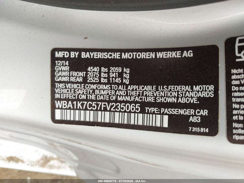 2015 BMW 2er VIN WBA1K7C57FV235065 IAAI salvage auction — FRONT END, Salvage (Idaho), sold $2,600 on 2026-08-05 (photo 9)