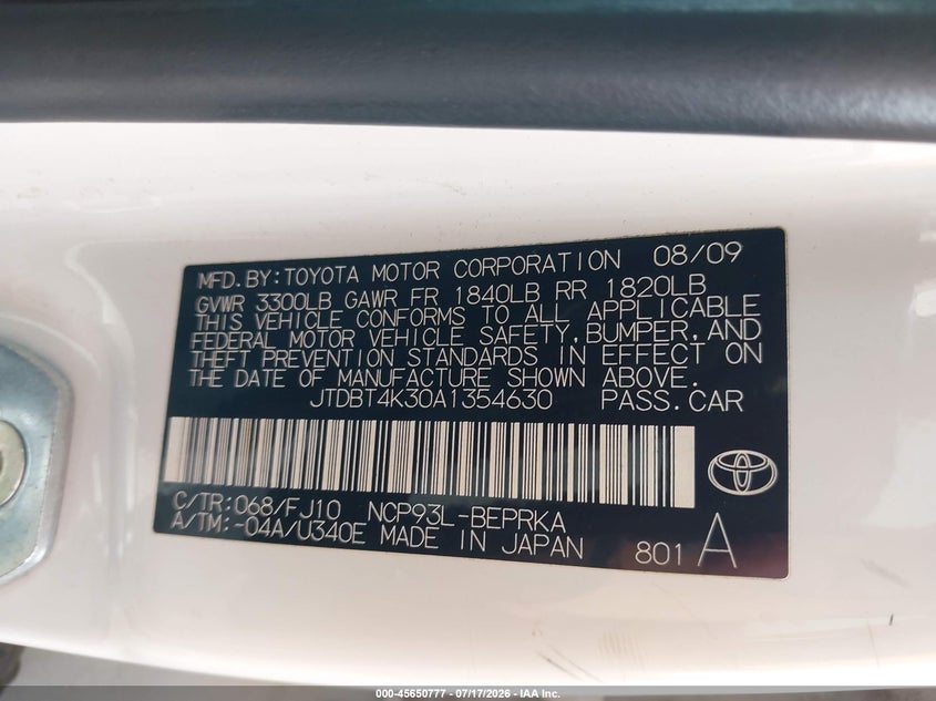 2010 Toyota Yaris VIN JTDBT4K30A1354630 IAAI salvage auction — LEFT FRONT, Salvage (California), sold $500 on 2026-07-30 (photo 9)