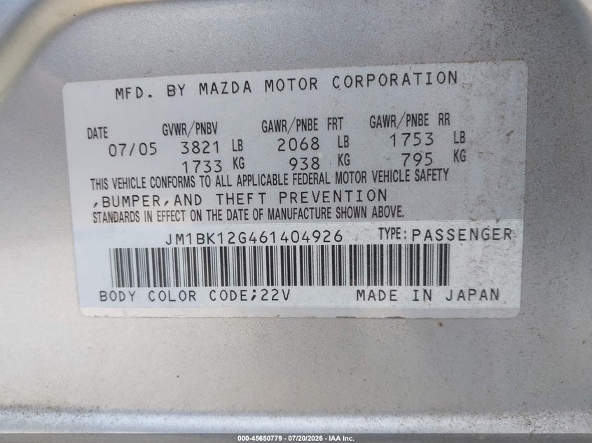 2006 Mazda 3 VIN JM1BK12G461404926 IAAI salvage auction — SIDE, Salvage (California), sold $750 on 2026-07-31 (photo 9)