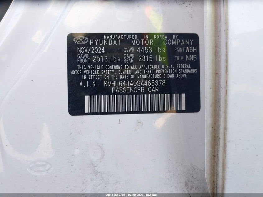 2025 Hyundai Sonata VIN KMHL64JA0SA465378 IAAI salvage auction — FRONT END, Certificate Of Destruction (Florida), sold $1,700 on 2026-07-24 (photo 9)