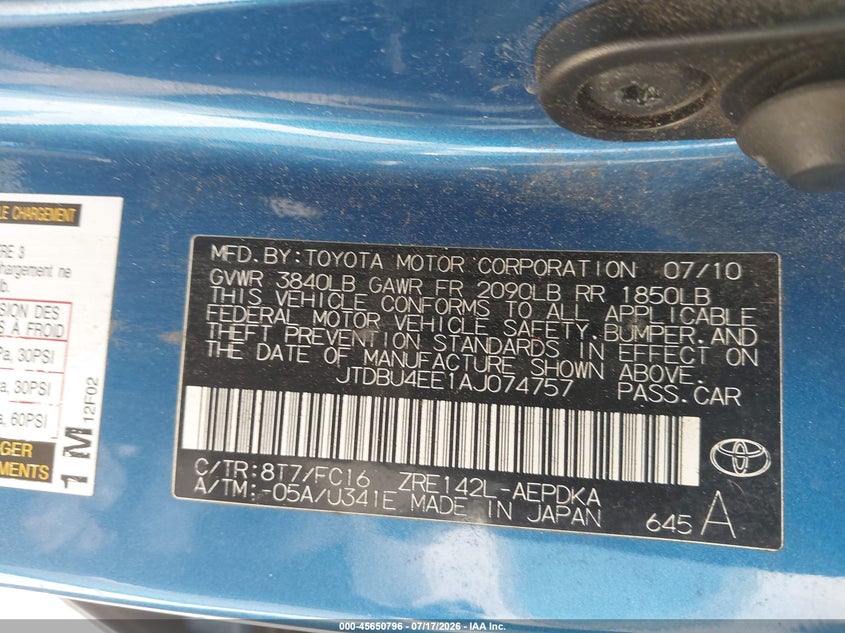 2010 Toyota Corolla VIN JTDBU4EE1AJ074757 IAAI salvage auction — NORMAL WEAR, Clear (Georgia), sold $25 on 2026-07-23 (photo 9)