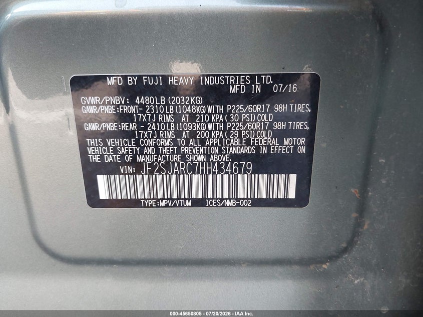 2017 Subaru Forester VIN JF2SJARC7HH434679 IAAI salvage auction — NORMAL WEAR, Clear (Tennessee), sold $5,800 on 2026-07-28 (photo 9)