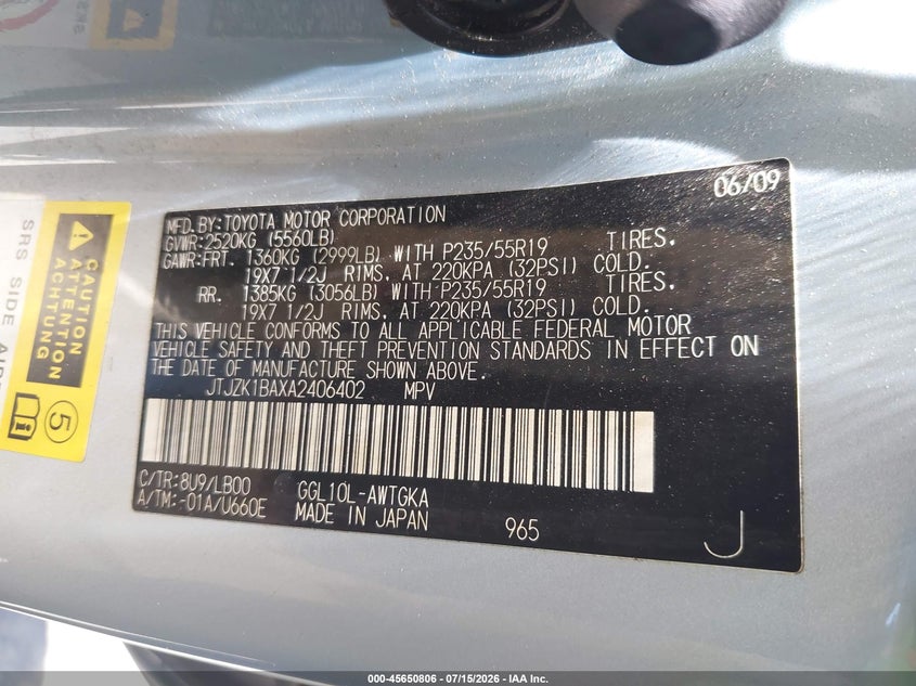 2010 Lexus Rx 350 VIN JTJZK1BAXA2406402 IAAI salvage auction — NORMAL WEAR, Clear - Dealer Only (California), sold $1,500 on 2026-07-22 (photo 9)