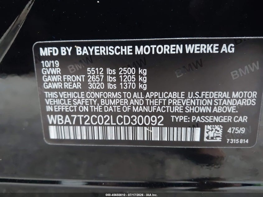 2020 BMW 7er VIN WBA7T2C02LCD30092 IAAI salvage auction — ELECTRICAL, Wait Title, sold $16,200 on 2026-10-07 (photo 9)