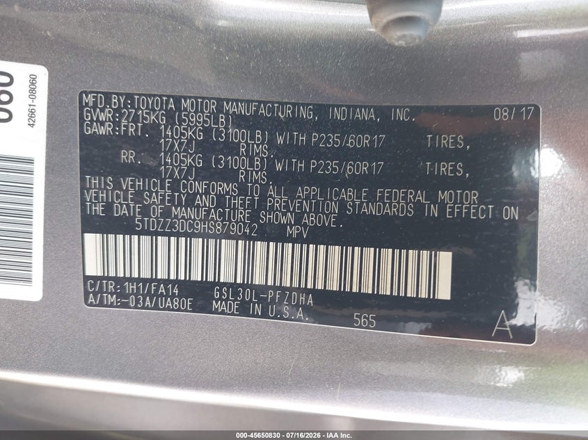 2017 Toyota Sienna VIN 5TDZZ3DC9HS879042 IAAI salvage auction — NORMAL WEAR, Clear (Georgia), sold $900 on 2026-07-30 (photo 9)