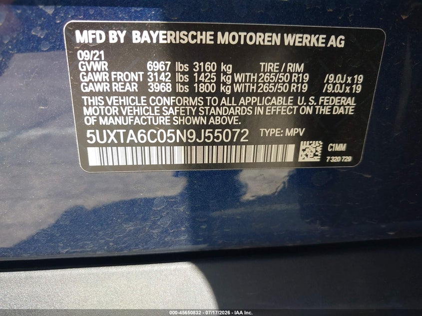 2022 BMW X5 VIN 5UXTA6C05N9J55072 IAAI salvage auction — RIGHT FRONT, Salvage Title, sold $19,600 on 2026-07-31 (photo 9)
