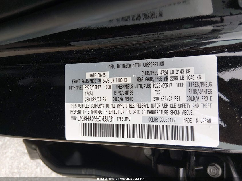 2025 Mazda Cx-5 VIN JM3KFBCM8S0769731 IAAI salvage auction — FRONT END, Original (Texas), sold $10,200 on 2026-10-07 (photo 9)