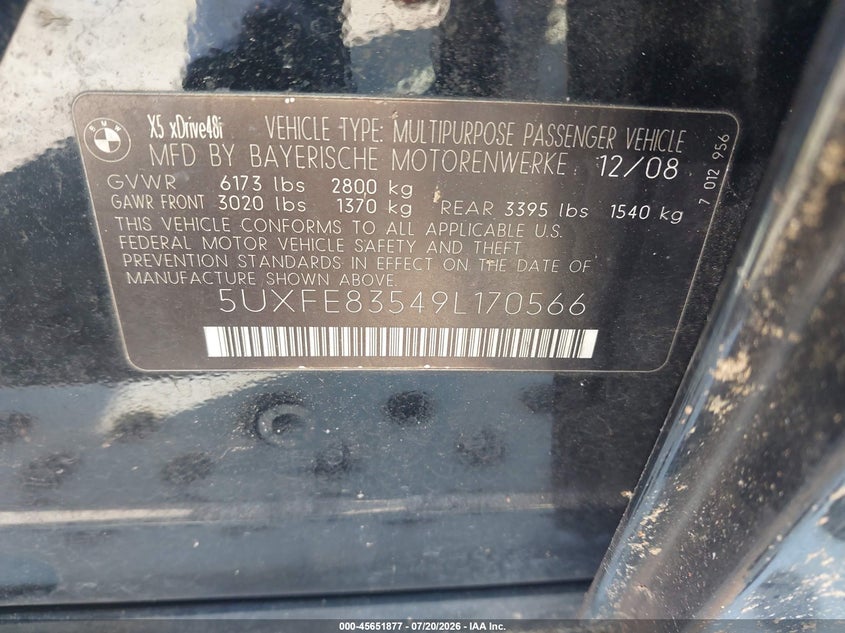 2009 BMW X5 VIN 5UXFE83549L170566 IAAI salvage auction — NORMAL WEAR, Clear (Georgia), sold $525 on 2026-07-30 (photo 9)