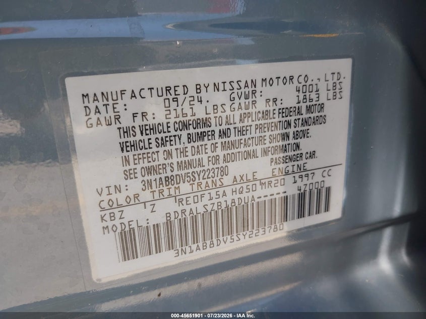 2025 Nissan Sentra VIN 3N1AB8DV5SY223780 IAAI salvage auction — FRONT END, Salvage Title, sold $7,200 on 2026-08-20 (photo 9)