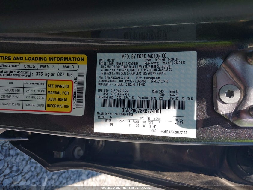 2019 Ford Fusion VIN 3FA6P0G78KR274001 IAAI salvage auction — NORMAL WEAR, Sf97 (Virginia), sold $10,500 on 2026-07-22 (photo 9)