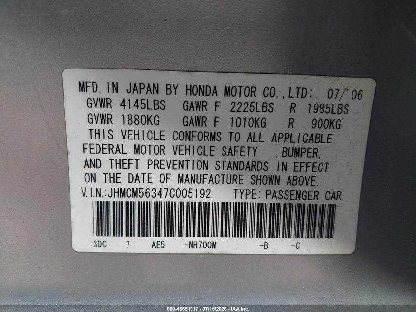 2007 Honda Accord VIN JHMCM56347C005192 IAAI salvage auction — NORMAL WEAR, Original (Ohio), sold $300 on 2026-07-30 (photo 9)