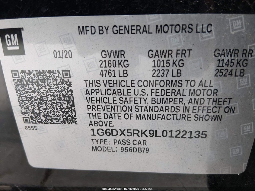 2020 Cadillac Ct5 VIN 1G6DX5RK9L0122135 IAAI salvage auction — NORMAL WEAR, Salvage Title, sold $14,100 on 2026-07-28 (photo 9)