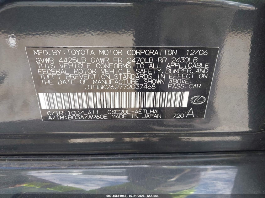 2007 Lexus Is 250 VIN JTHBK262772037468 IAAI salvage auction — NORMAL WEAR, Regular (South Dakota), sold $1,350 on 2026-07-30 (photo 9)