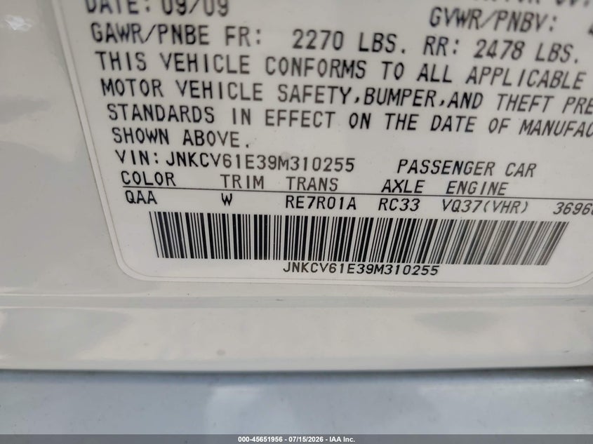 2009 Infiniti G37 VIN JNKCV61E39M310255 IAAI salvage auction — NORMAL WEAR, Clear - Dealer Only (California), sold $575 on 2026-07-29 (photo 9)