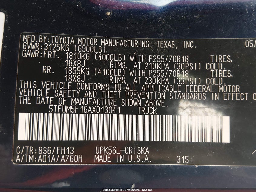 2010 Toyota Tundra VIN 5TFUM5F16AX013041 IAAI salvage auction — NORMAL WEAR, Clear (New Jersey), sold $2,450 on 2026-07-30 (photo 9)