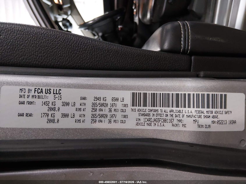 2015 Dodge Durango VIN 1C4RDJAG5FC881167 IAAI salvage auction — RIGHT FRONT, Salvage (Iowa), sold $1,900 on 2026-08-23 (photo 9)