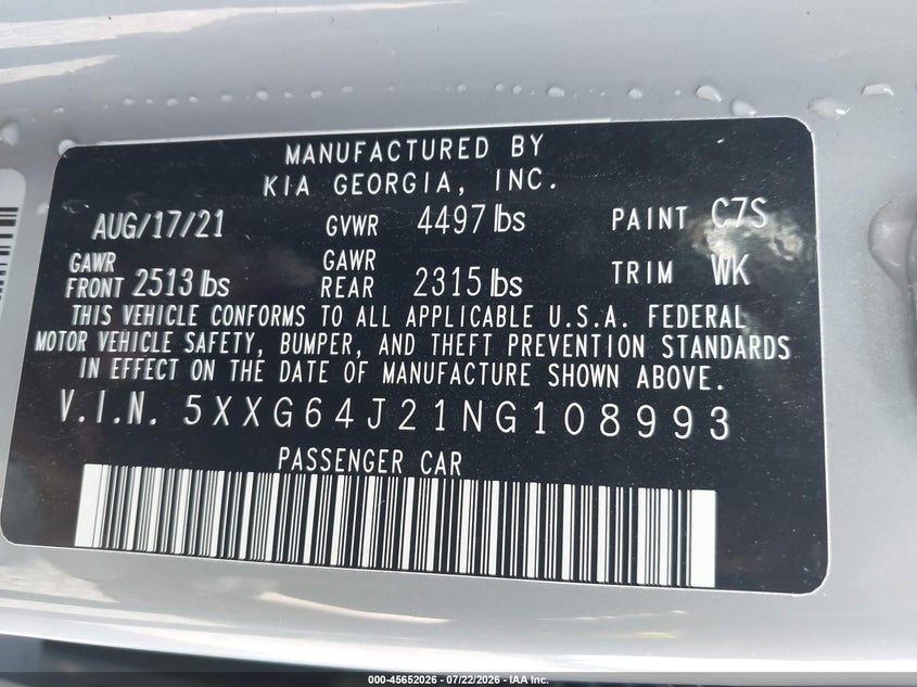 2022 Kia K5 VIN 5XXG64J21NG108993 IAAI salvage auction — SIDE, Wait Title, sold $8,700 on 2026-08-01 (photo 9)