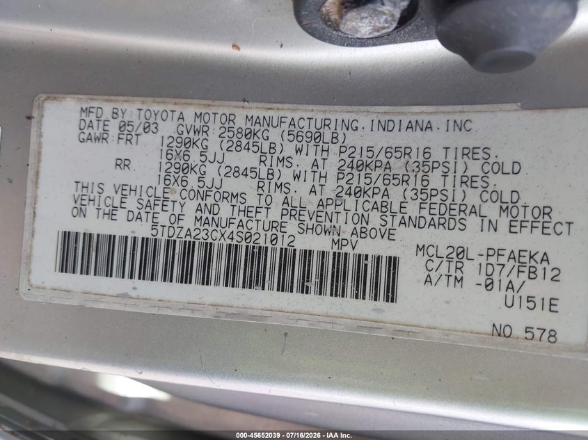 2004 Toyota Sienna VIN 5TDZA23CX4S021012 IAAI salvage auction — NORMAL WEAR, Clear (Florida), sold $325 on 2026-07-28 (photo 9)