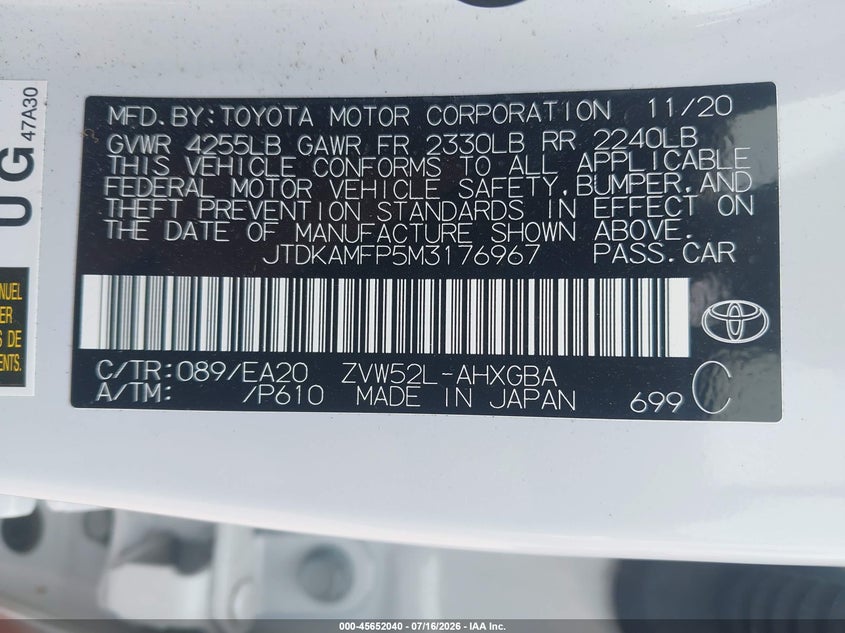 2021 Toyota Prius VIN JTDKAMFP5M3176967 IAAI salvage auction — HAIL, Salvage Title, sold $6,600 on 2026-07-29 (photo 9)