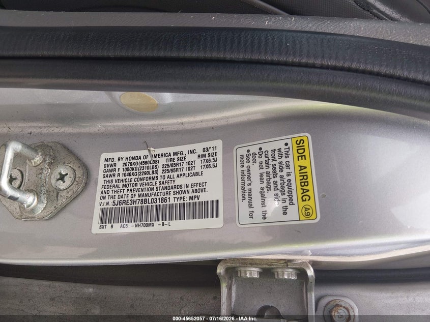 2011 Honda Cr-v VIN 5J6RE3H78BL031861 IAAI salvage auction — FRONT END, Rebuildable (Florida), sold $2,250 on 2026-08-19 (photo 9)