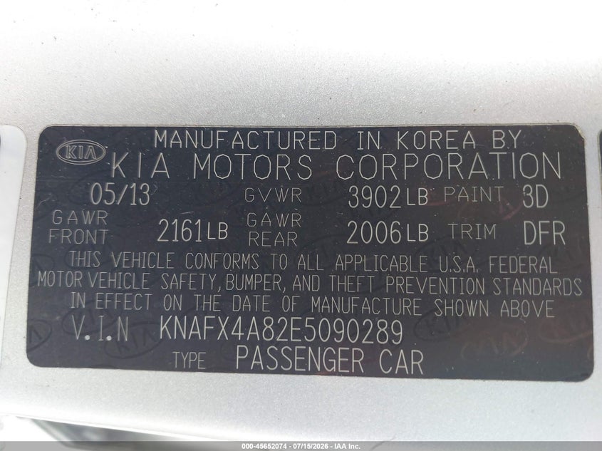2014 Kia Forte VIN KNAFX4A82E5090289 IAAI salvage auction — NORMAL WEAR, Clear (Mississippi), sold $350 on 2026-07-31 (photo 9)