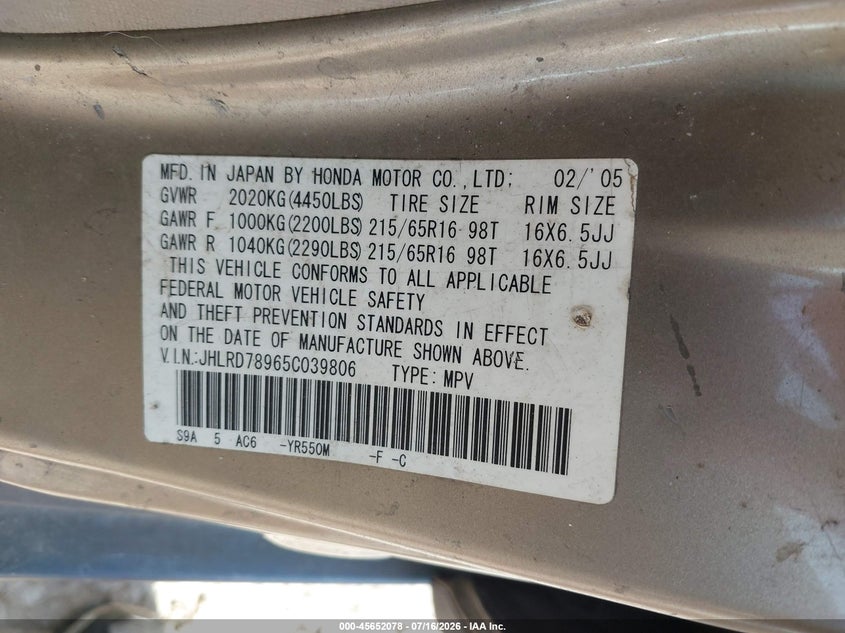 2005 Honda Cr-v VIN JHLRD78965C039806 IAAI salvage auction — NORMAL WEAR, Clear (North Carolina), sold $25 on 2026-07-24 (photo 9)