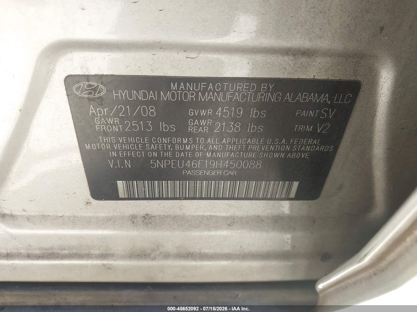 2009 Hyundai Sonata VIN 5NPEU46F19H450088 IAAI salvage auction — NORMAL WEAR, Salvage Title - Dealer (California), sold $325 on 2026-07-23 (photo 9)