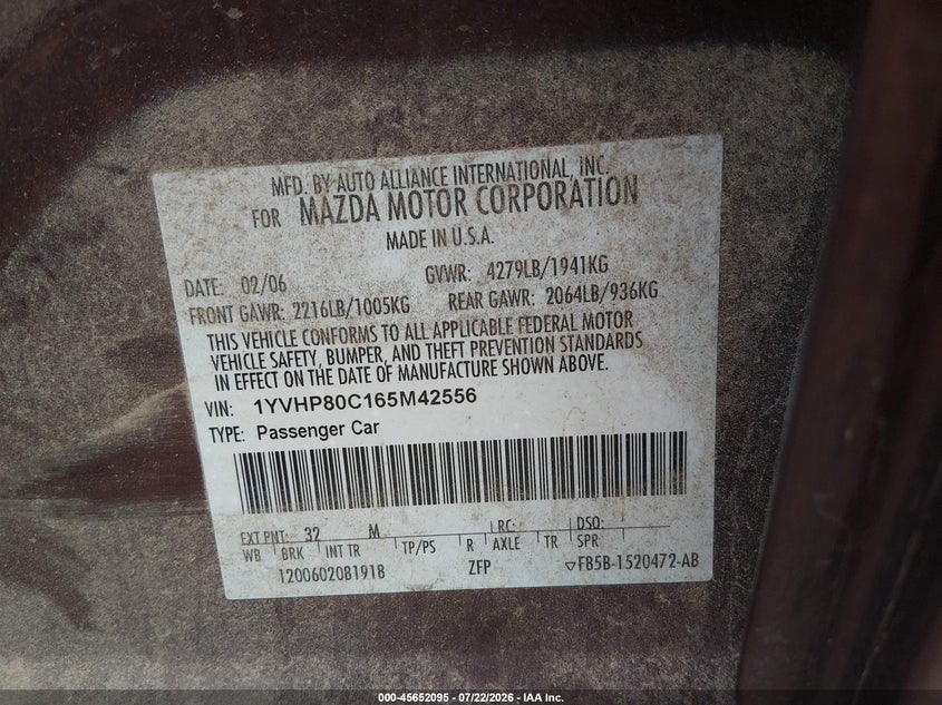 2006 Mazda 6 VIN 1YVHP80C165M42556 IAAI salvage auction — NORMAL WEAR, Clear (Idaho), sold $250 on 2026-07-31 (photo 9)