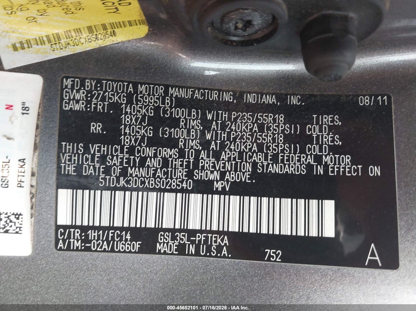 2011 Toyota Sienna VIN 5TDJK3DCXBS028540 IAAI salvage auction — NORMAL WEAR, Clear (Maryland), sold $1,150 on 2026-07-21 (photo 9)
