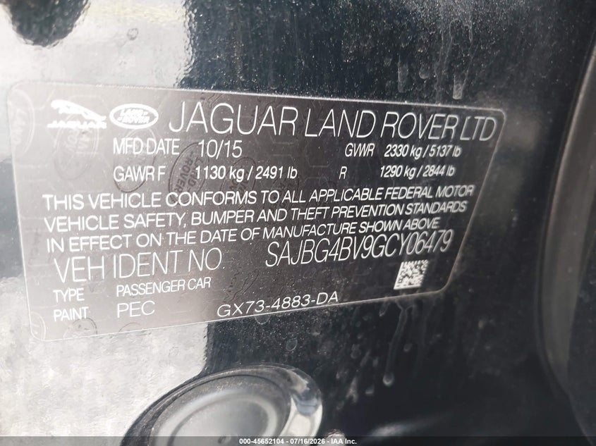 2016 Jaguar Xf VIN SAJBG4BV9GCY06479 IAAI salvage auction — FRONT END, Salvage (Arizona), sold $3,000 on 2026-07-30 (photo 9)
