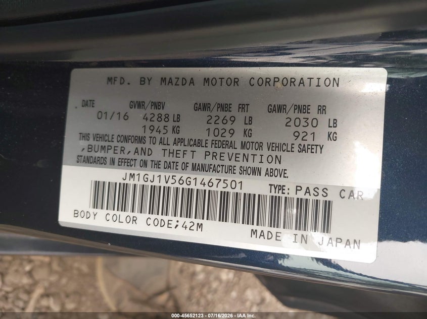 2016 Mazda 6 VIN JM1GJ1V56G1467501 IAAI salvage auction — NORMAL WEAR, Salvage Title, sold $1,650 on 2026-07-28 (photo 9)