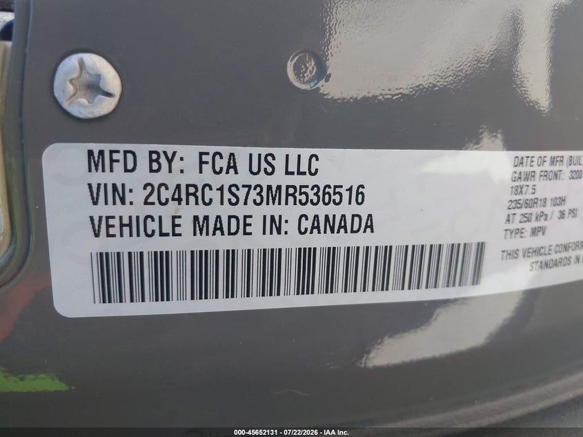 2021 Chrysler Pacifica VIN 2C4RC1S73MR536516 IAAI salvage auction — SIDE, Wait Title, sold $4,600 on 2026-08-27 (photo 9)