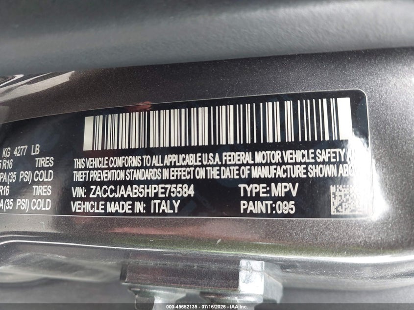 2017 Jeep Renegade VIN ZACCJAAB5HPE75584 IAAI salvage auction — FRONT END, Salvage (Ohio), sold $750 on 2026-08-11 (photo 9)