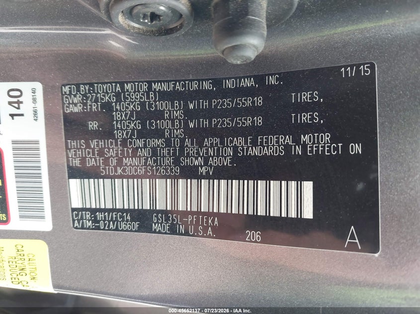 2015 Toyota Sienna VIN 5TDJK3DC6FS126339 IAAI salvage auction — HAIL, Salvage (Nebraska), sold $10,000 on 2026-08-20 (photo 9)