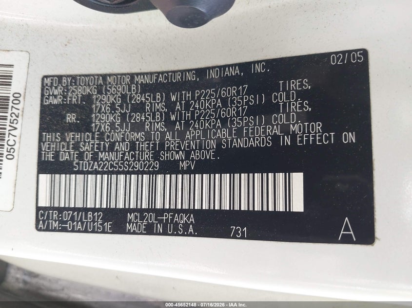 2005 Toyota Sienna VIN 5TDZA22C55S290229 IAAI salvage auction — NORMAL WEAR, Clear (Georgia), sold $425 on 2026-07-30 (photo 9)